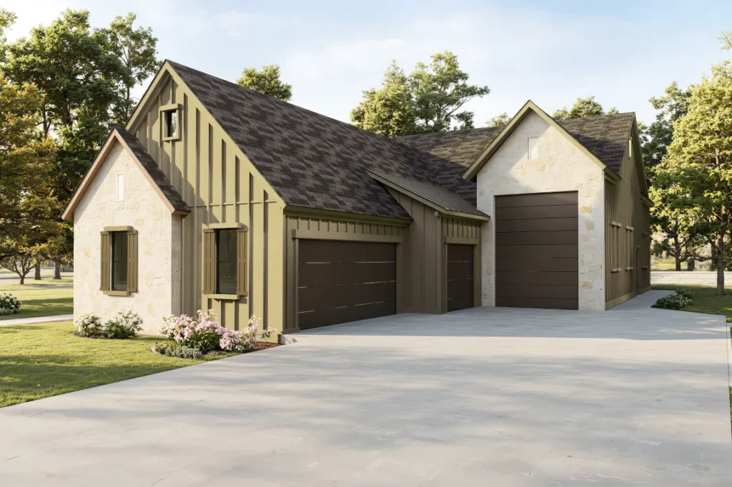 Modern cream and dark green residential garage with attached carport on tree-lined driveway
