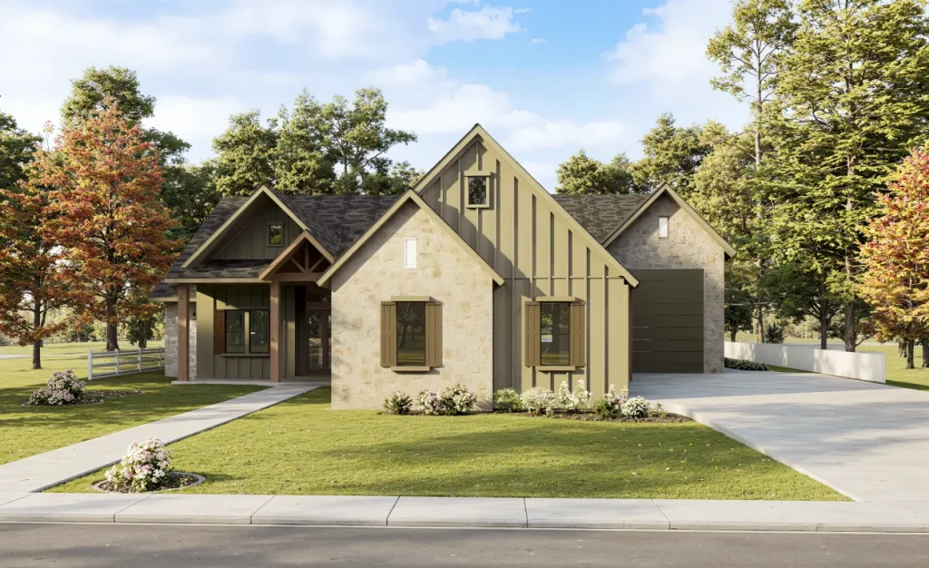 Modern farmhouse home with cream and dark siding, pitched roof, and manicured front lawn surrounded by mature trees