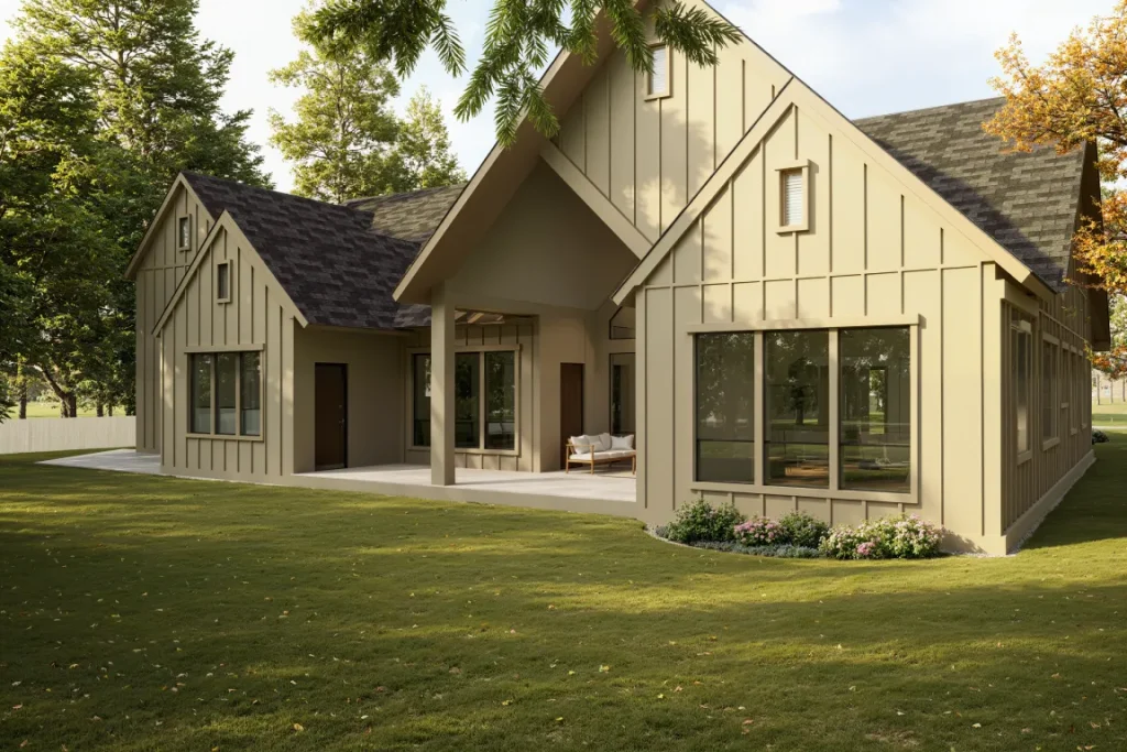 Modern farmhouse with taupe siding, gabled roof, and large windows on manicured lawn
