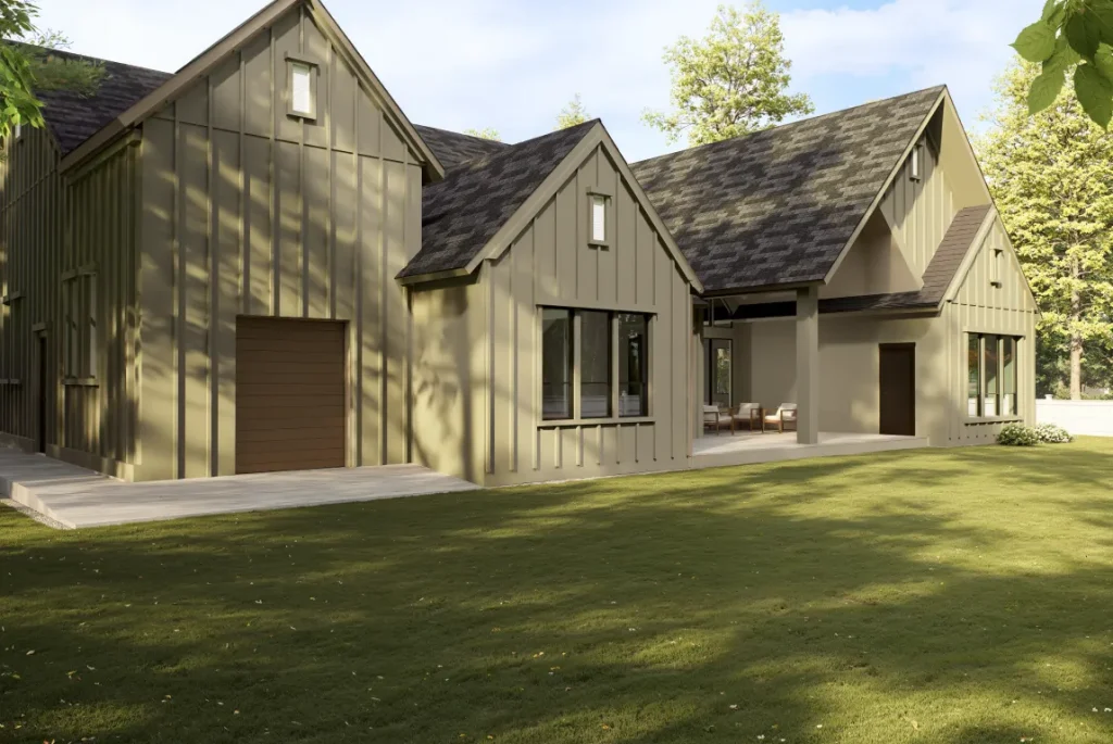 Modern fieldstone farmhouse with board-and-batten siding, multiple gables, and manicured lawn under bright sunlight